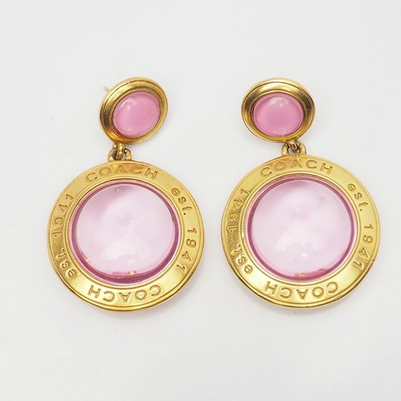 Round glass gold tone metal dangle earrings by Coach - Picture 1 of 3